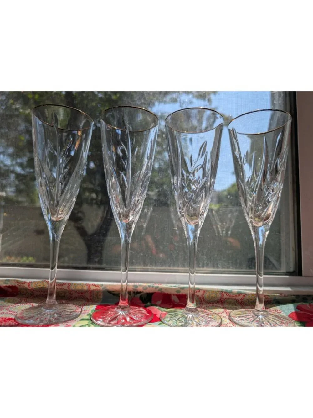 Set of 4 Vintage Cristal d'Arques-Durand Cassandra Gold Crystal Champagne Flutes